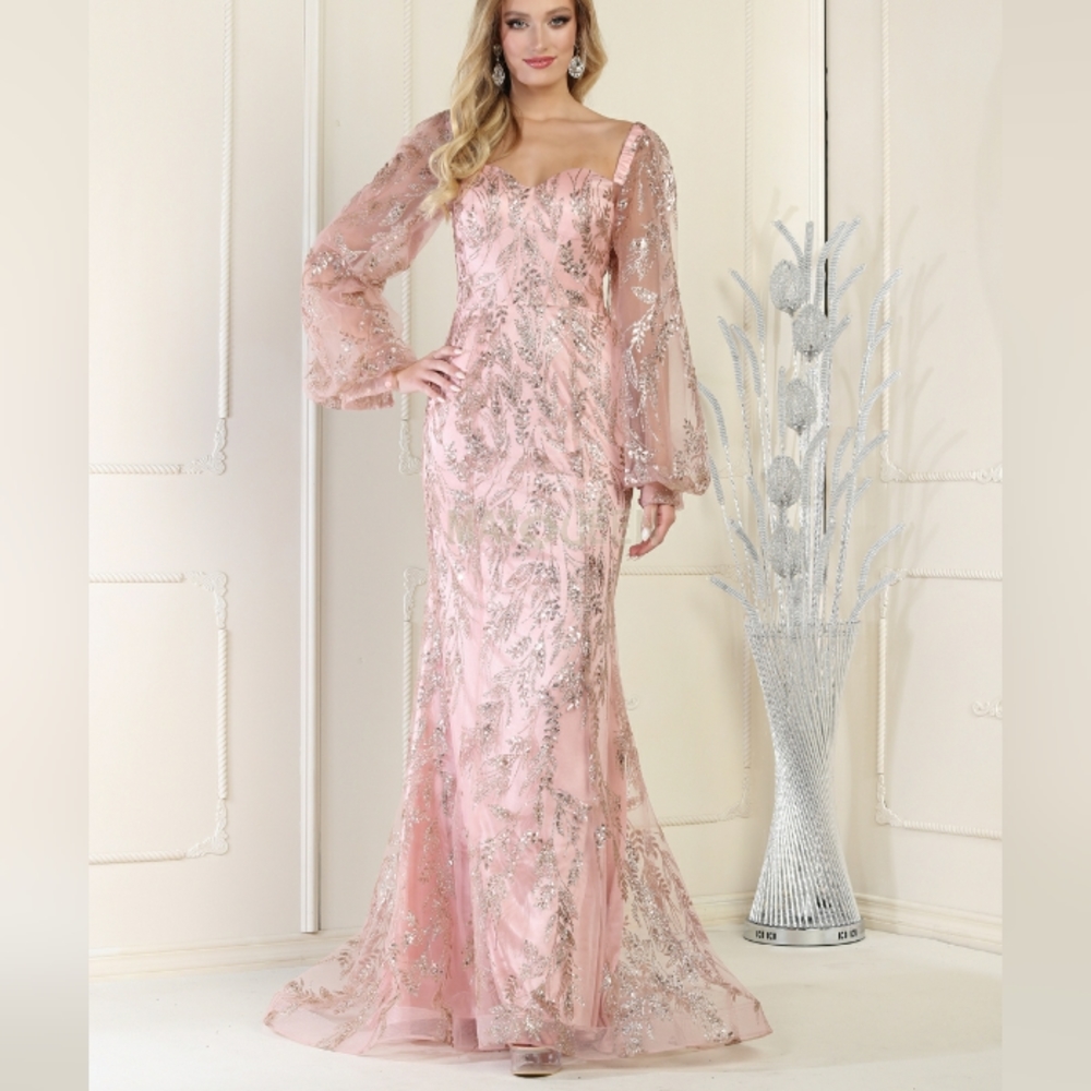 Rose gold or burgundy long sleeve floor length fitted glitter design dress - Picture 6 of 8